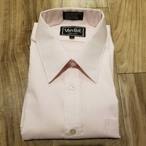 Nos Vintage Van Cort Mens Shirt Size 16 Pink Short Sleeve Button Up Dress Shirt